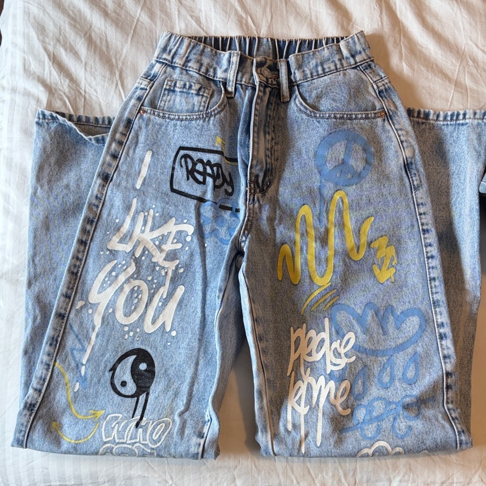 SHEIN graffiti style high rise streetwear jeans